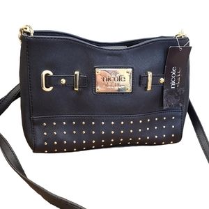 NWT Nicole Miller Black Gold Studded Cross Body Bag